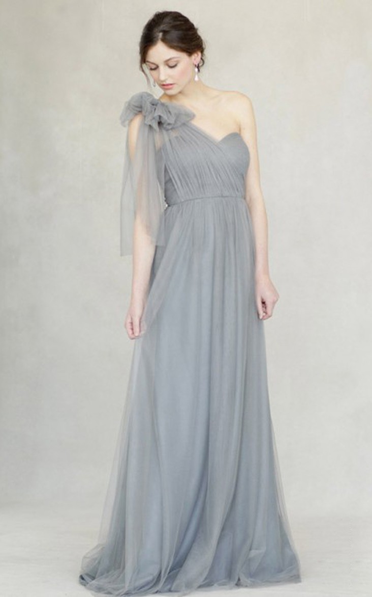 One-shoulder Tulle Floor-length Bridesmaid Dress With bow And Ruching
