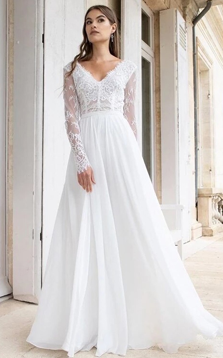 A Line V-neck Chiffon Lace Floor-length Long Sleeve Low-V Back Wedding Dress