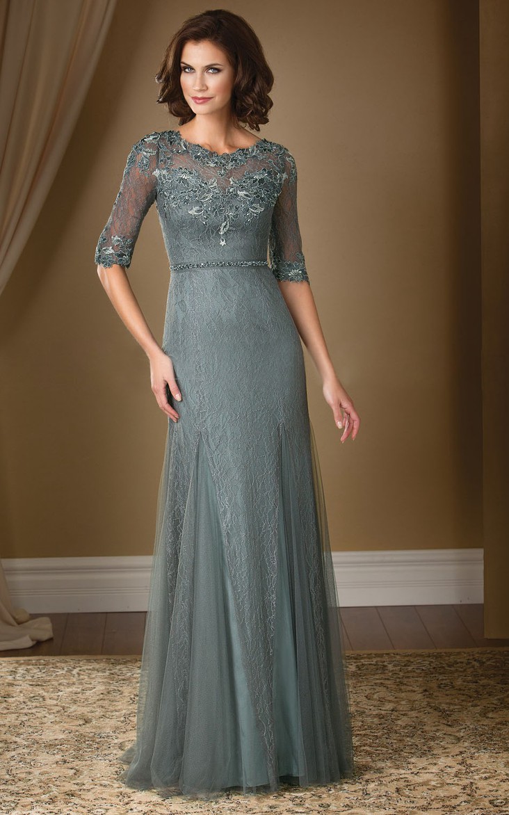 Scoop-neck Half Sleeve Tulle Lace Sheath Mother of the Bride Dress With Appliques