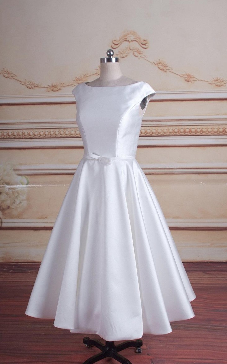 Bateau-neck Cap-sleeve Satin A-line Tea-length Dress With Pleats