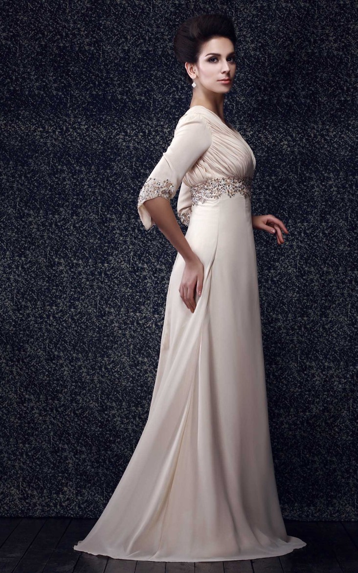 Long V-Back Design Beaded Plunged Gown