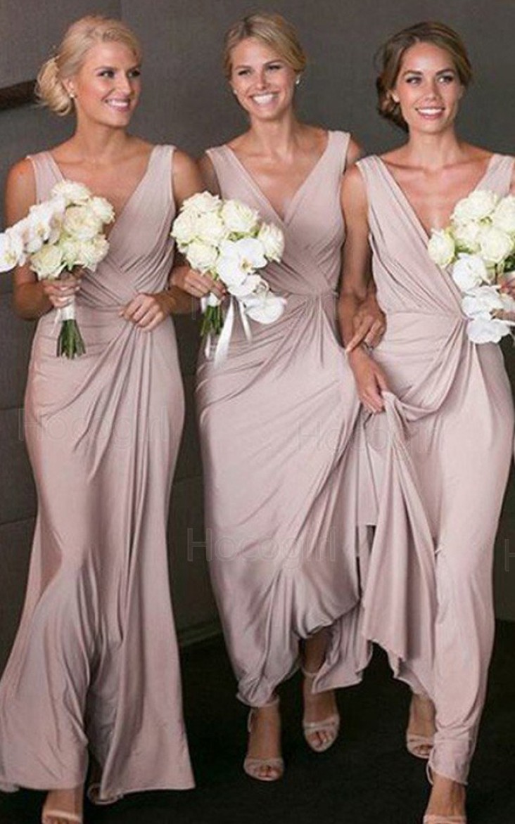 Straps V-neck Jersey Sleeveless Floor-length A Line Bridesmaid Dress with Pick Up and Ruching
