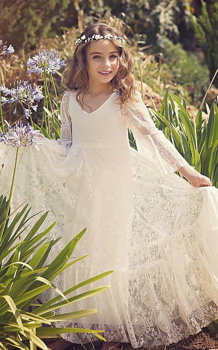 Simple Boho Flower Girl Dress With Lace And Bell Sleeves