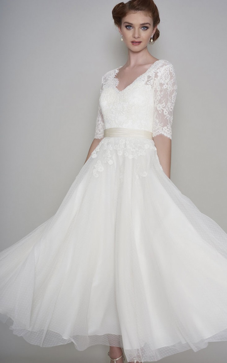Simple Lace and Organza A-line Half Sleeve Ankle Length Wedding Dress