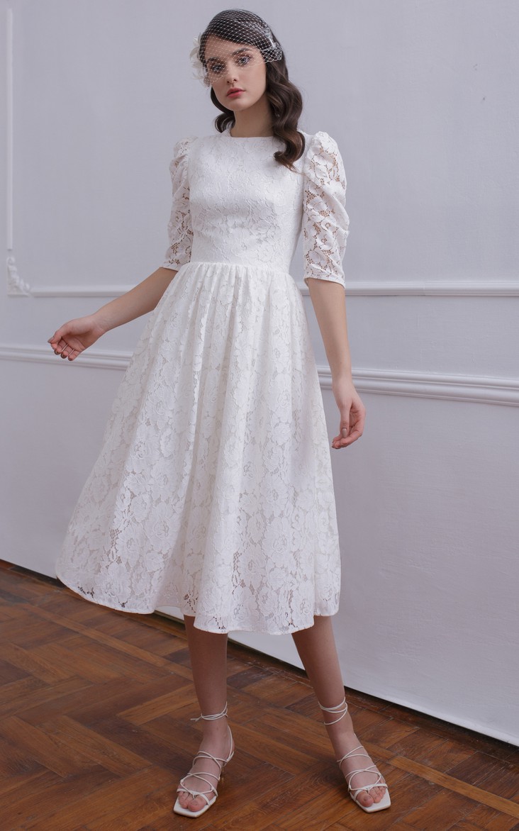 Vintage A Line Lace Tea-length Half Sleeve Wedding Dress with Ruching