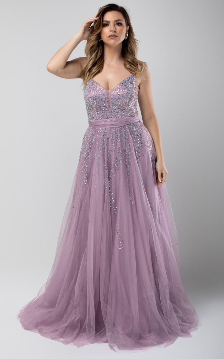 Ethereal Floor-length Sleeveless Corset Back Tulle A Line Evening Dress with Beading