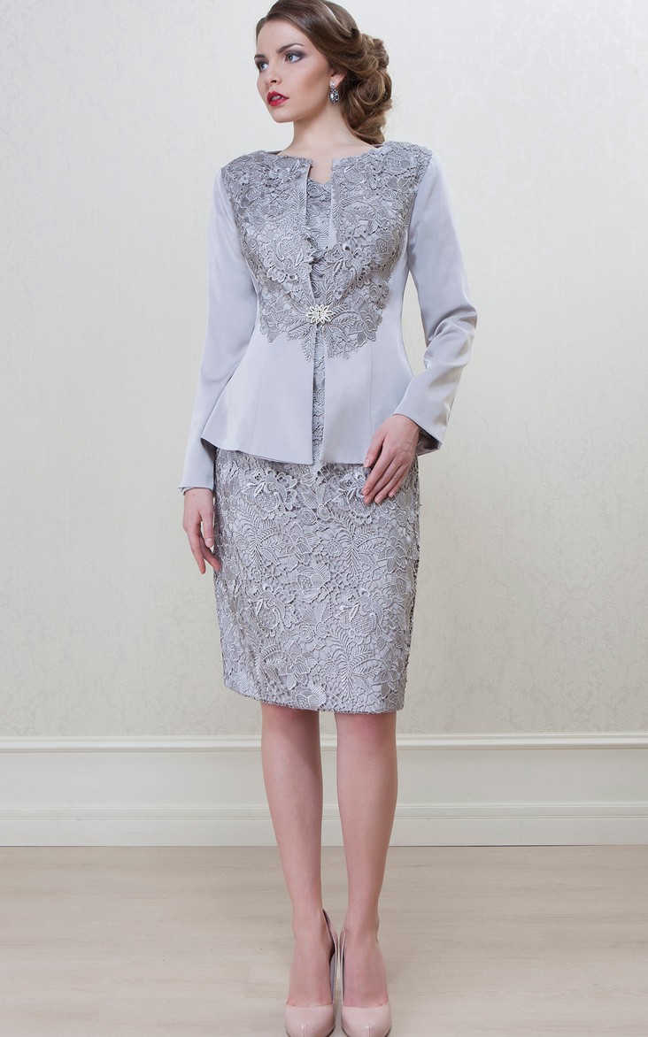 Long Sleeve jacket Pencil short Dress With Lace Appliques