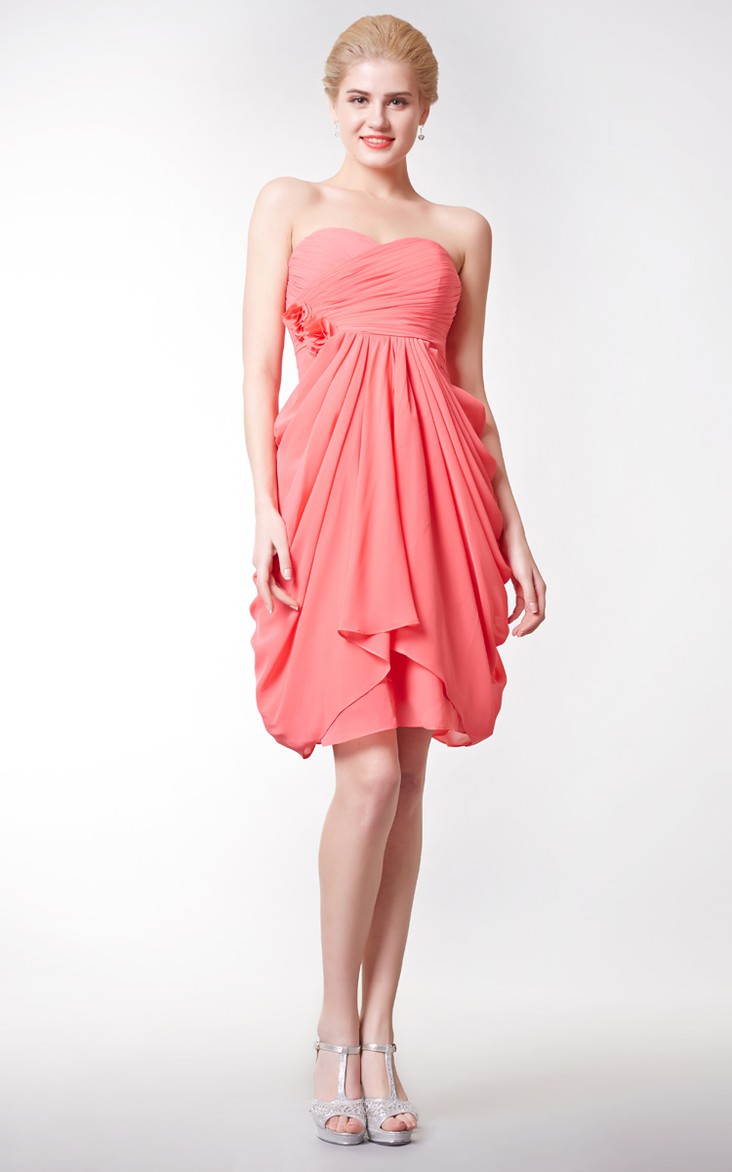 Sweetheart Criss-cross short Chiffon Bridesmaid Dress With Pick Up And Flower