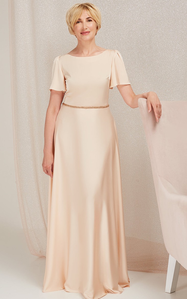 Elegant Satin A Line Floor-length Short Sleeve Mother of the Bride Dress with Beading