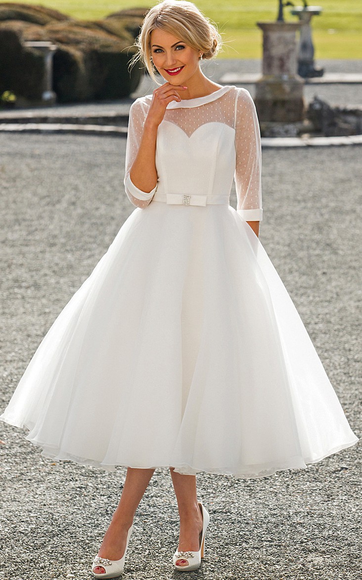 A-line Scoop-neck Illusion Half Sleeve Tea-length Wedding Dress