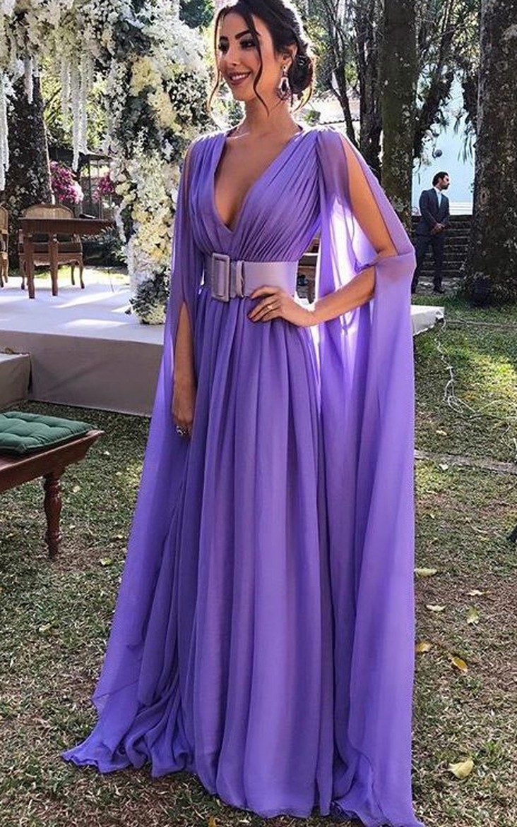 Ethereal A Line Plunging Neckline Floor-length Long Sleeve Chiffon Prom Dress with Ruching