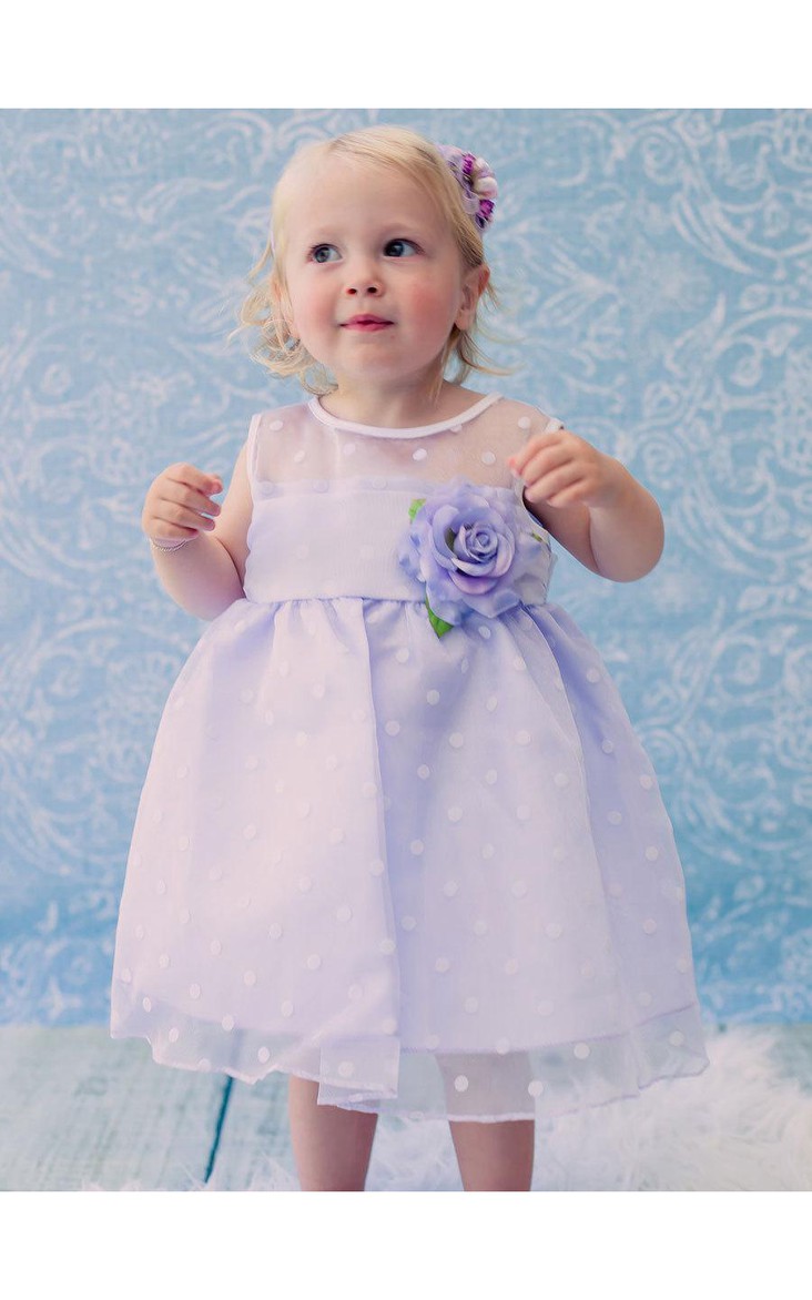 Polka-Dot Floral Belt Jewel-Neckline Sleeveless Dress