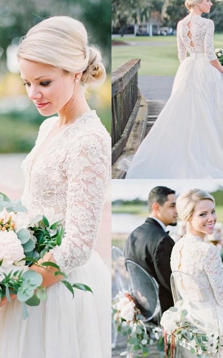 V-neck Lace Tulle Illusion 3/4 Length Sleeve Wedding Dress
