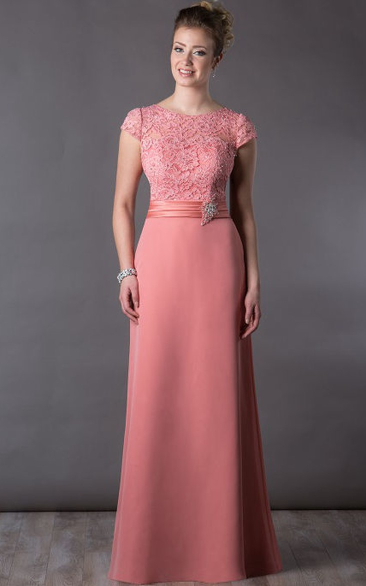 Scoop-neck Cap-sleeve long Jersey Dress With Appliques