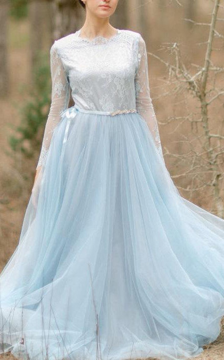 Jewel-Neck Illusion Long Sleeve Tulle long Dress With Lace And Sweep Train