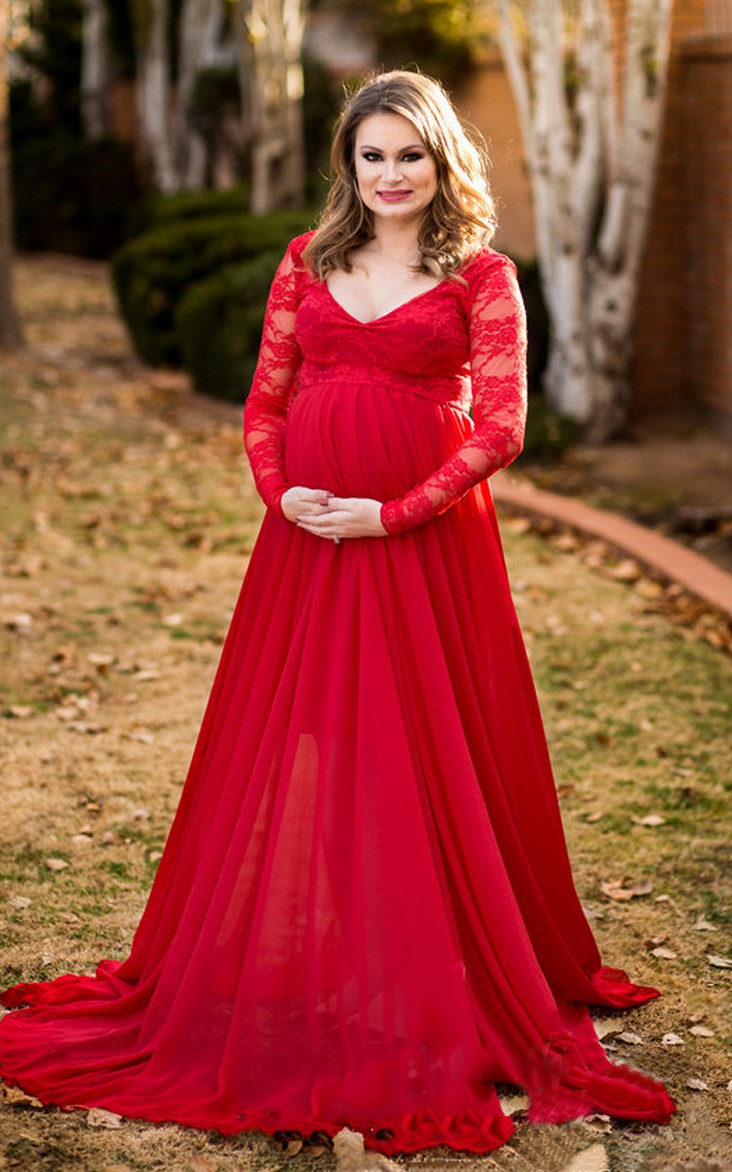 V-neck Long Sleeve Lace Pleated Maternity Dress