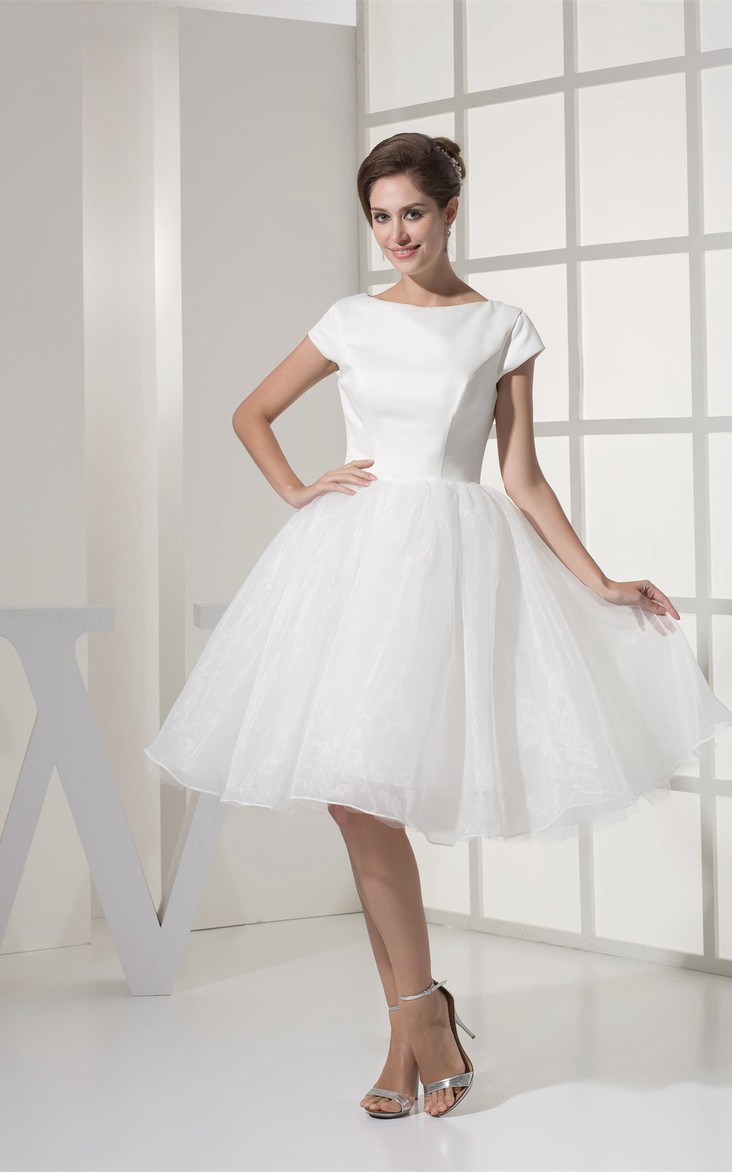 Bateau Short Sleeve Satin Knee-length Wedding Dress With Zipper