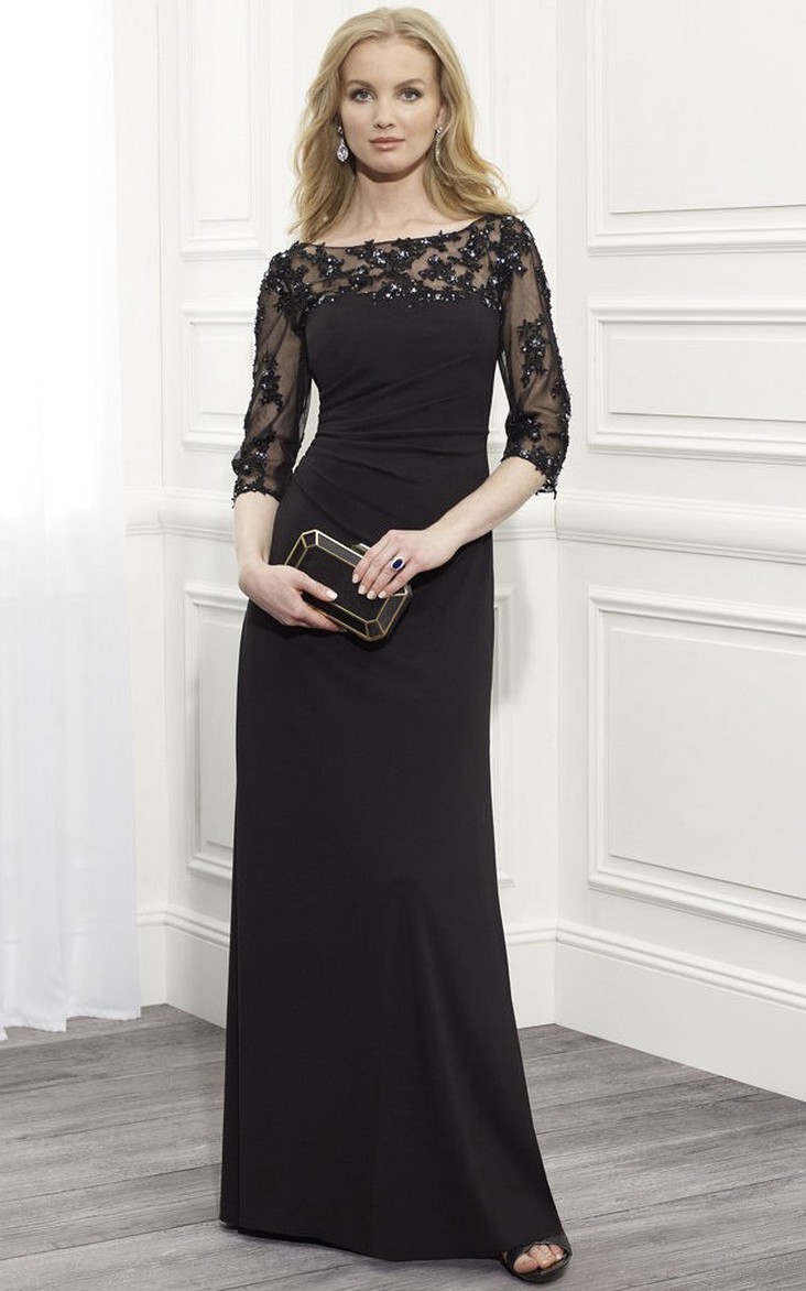 Bateau Illusion Half Sleeve Jersey Mother of the Bride Dress With Appliques And side Ruching