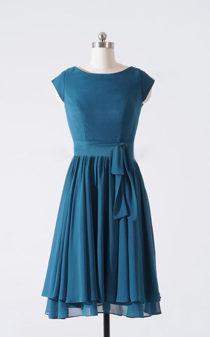 Scoop-neck Cap-sleeve Chiffon short A-line Dress With Pleats And bow