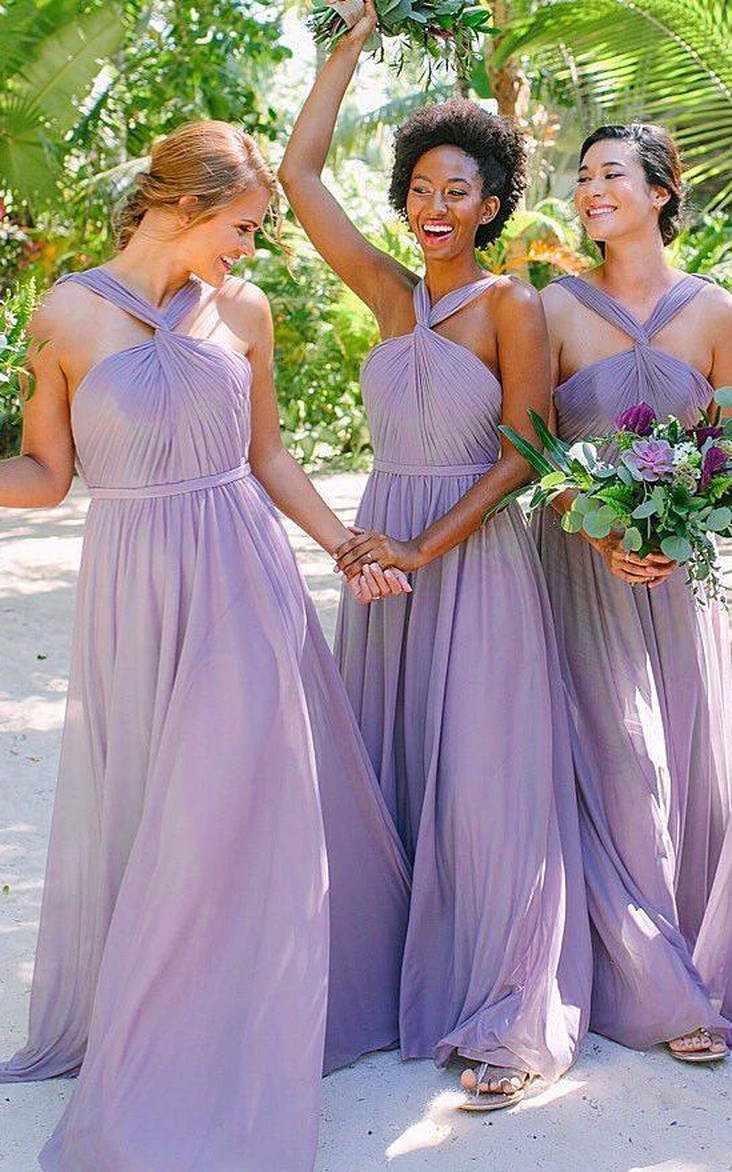 Halter Chiffon Sleeveless Floor-length A Line Bridesmaid Dress with Pleats and Ruching