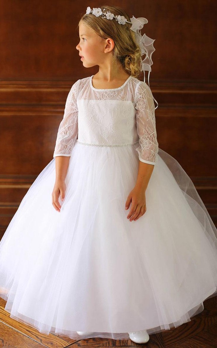 Tiered Lace Jeweled Ankle-Length Tulle Flower Girl Dress