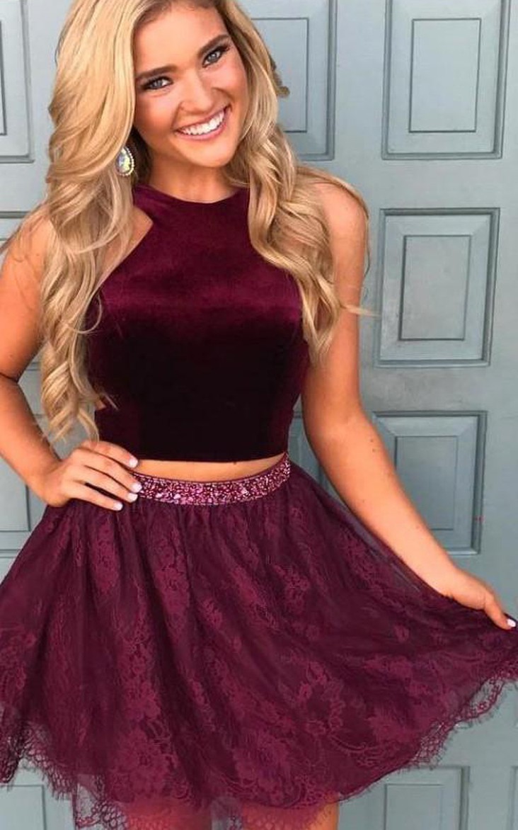 Halter Satin Lace Sleeveless Mini Two Piece Homecoming Dress with Ruffles