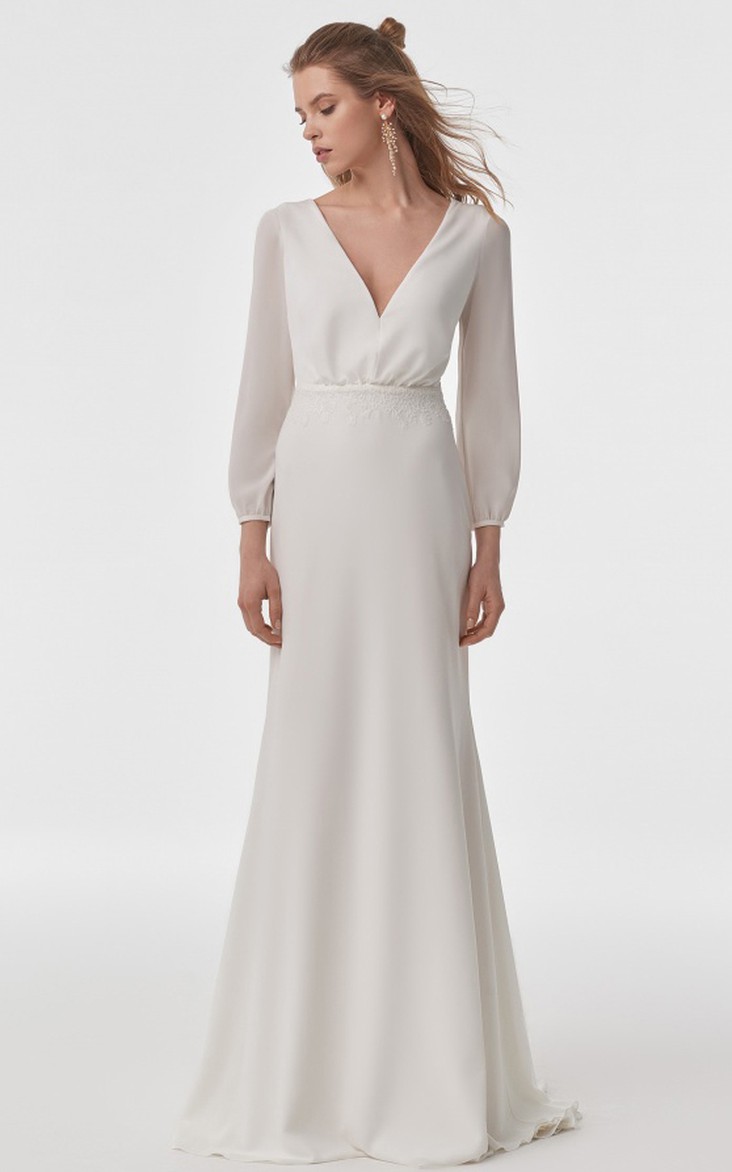 Simple Modern Long Sleeve Sheath Chiffon V-neck Wedding Dress with Cowel Back