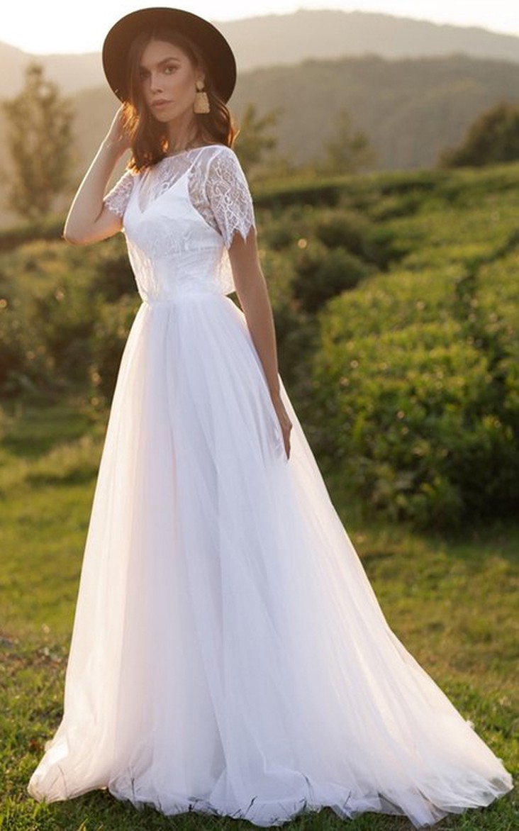 Jewel Lace Tulle Short Sleeve Brush Train Open Back Button Wedding Dress