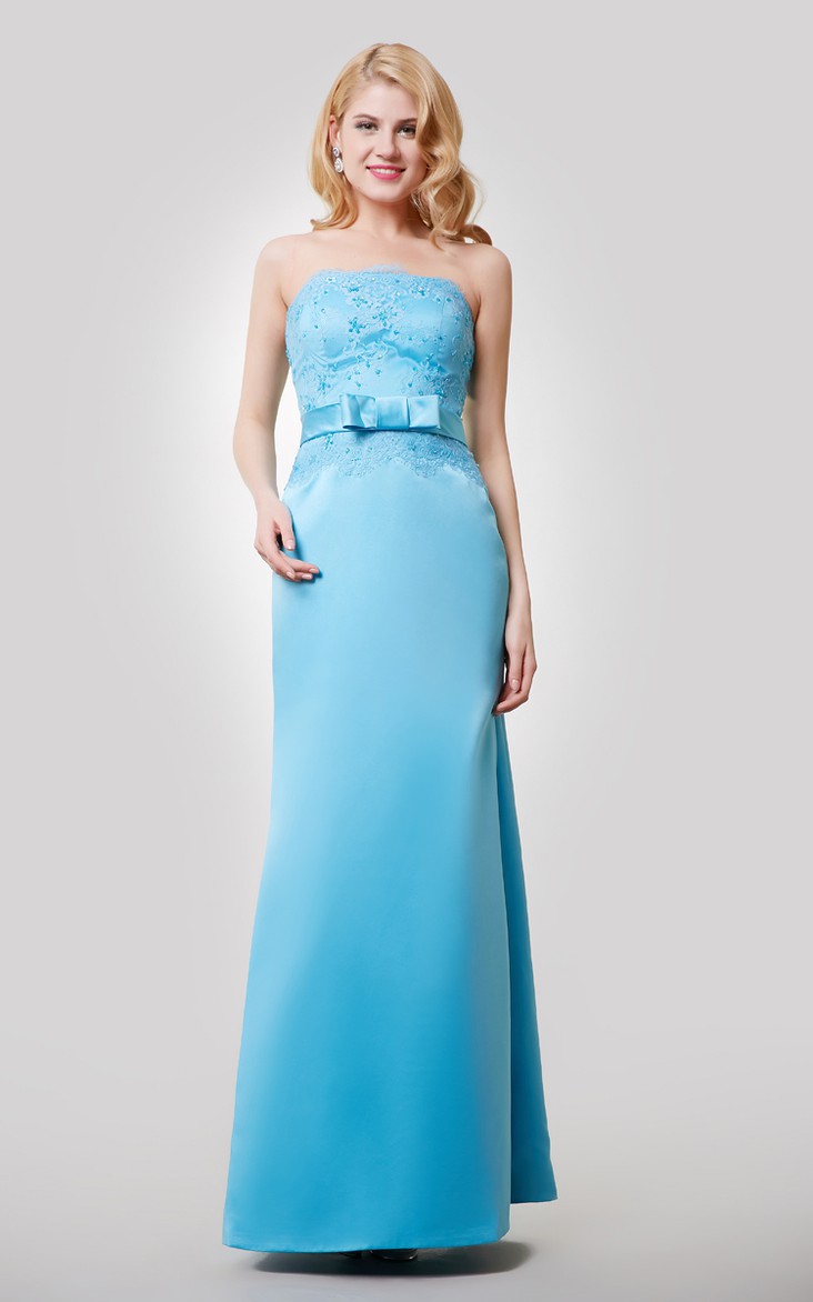 Jeweled Lace Top Bow Floor-Length Satin Dress