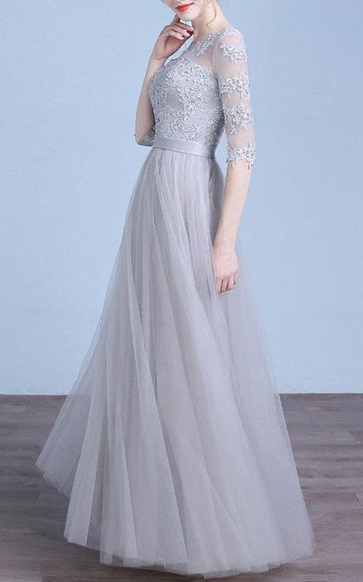 Scoop-neck Illusion Half Sleeve Tulle A-line Dress With Appliques And Corset Back