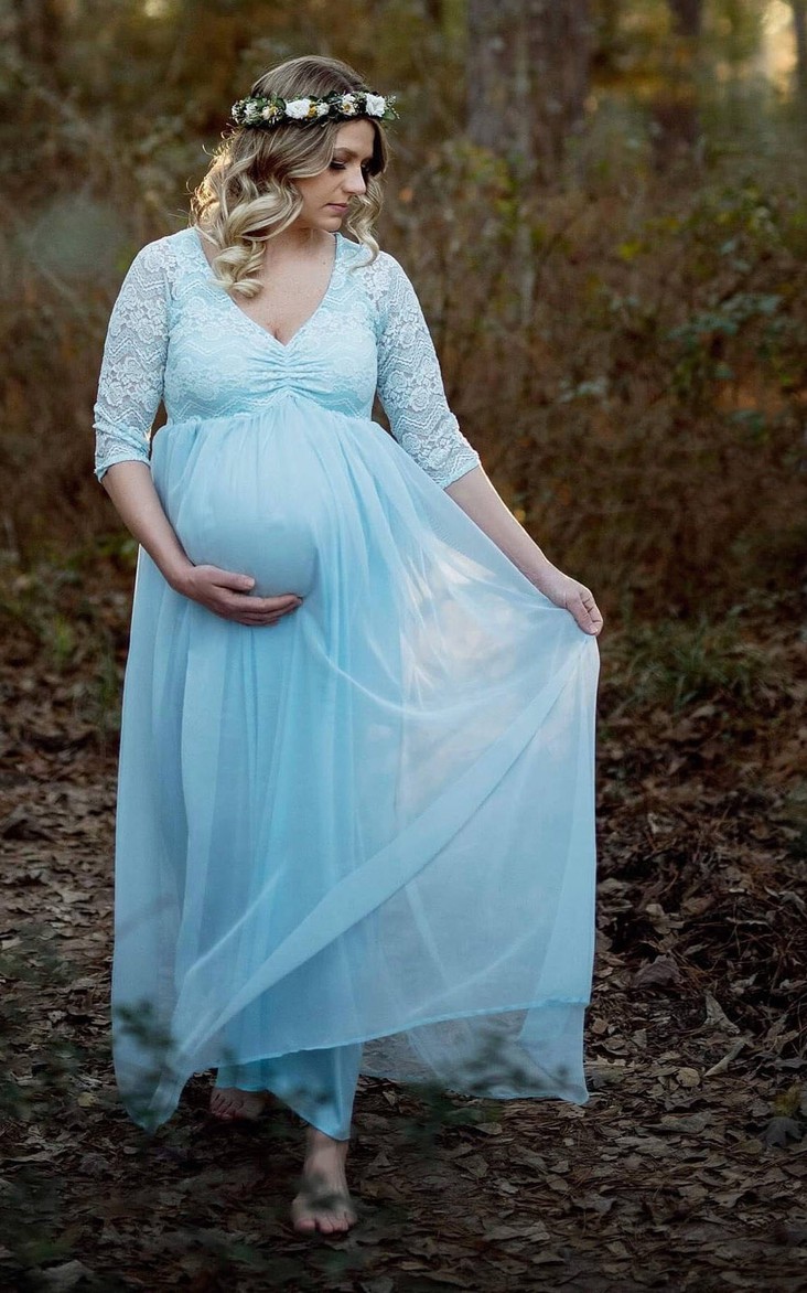 A-line V-neck Ruched Half Sleeve Floor-length Chiffon Lace Maternity Wedding Dress