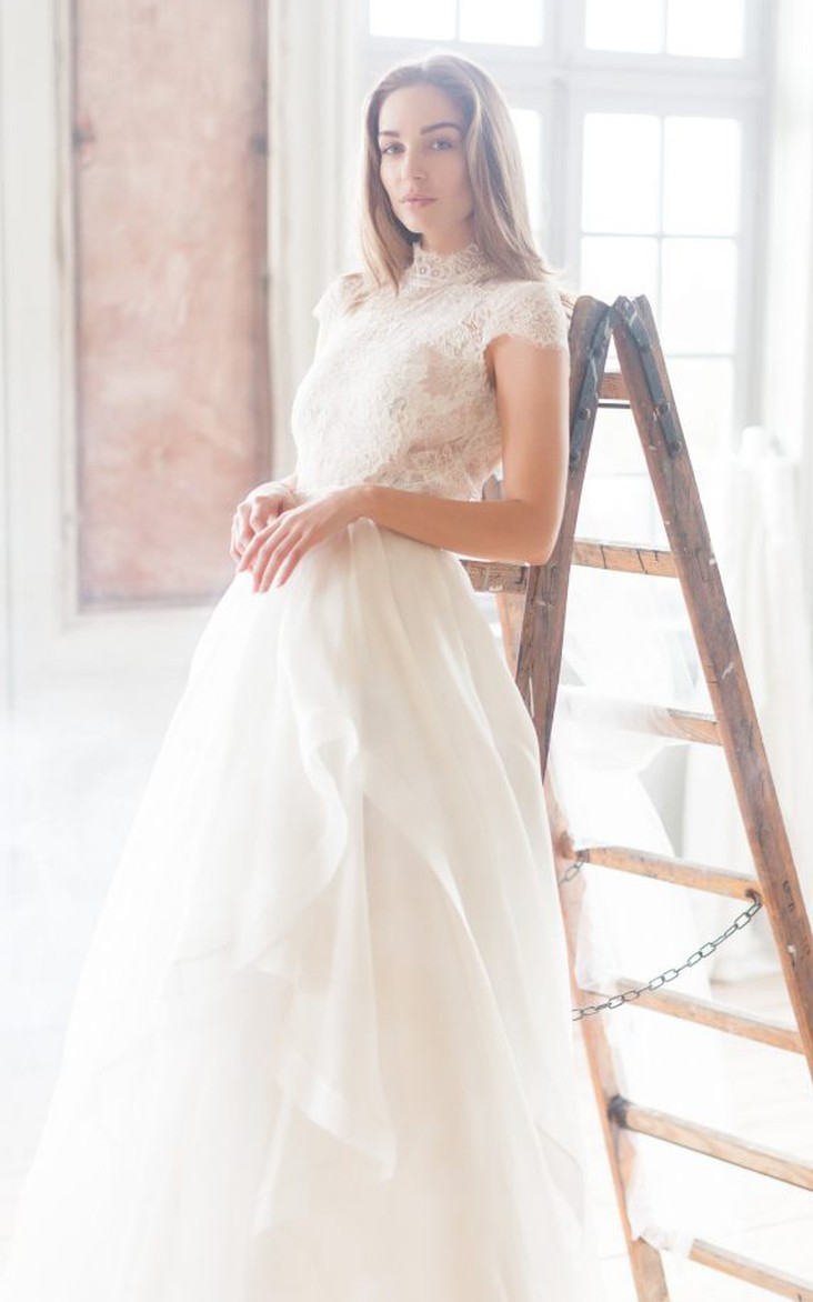 Modern A Line Lace Floor-length Short Sleeve Wedding Dress with Ruffles