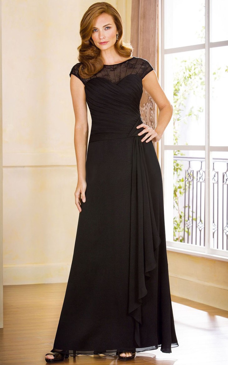 Bateau Cap-sleeve Chiffon Mother of the Bride Dress With Lace And Draping