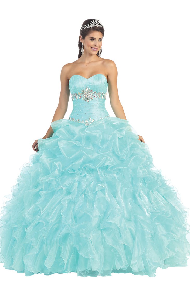 Sweetheart Jeweled Ruffled Strapless Sleeveless Lace-Up Organza Ball Gown