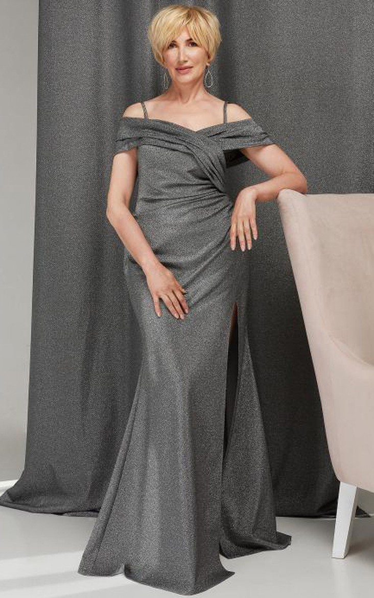 Modern Sequins A Line Floor-length Short Sleeve Mother of the Bride Dress with Split Front