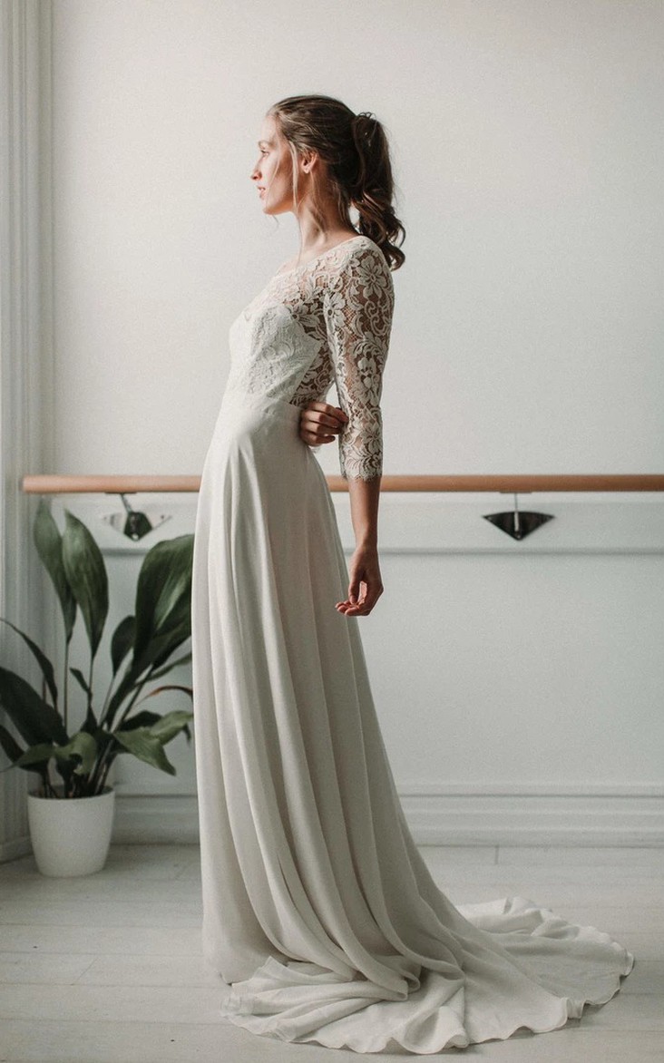 Elegant Lace and Chiffon Sheath V-neck Deep-V Back Wedding Dress