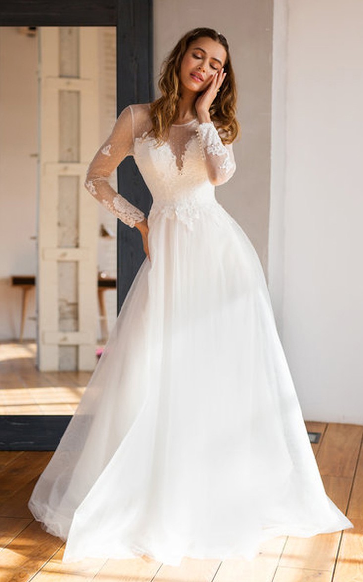 Jewel Lace Tulle Long Sleeve Floor-length Button Illusion A Line Wedding Dress