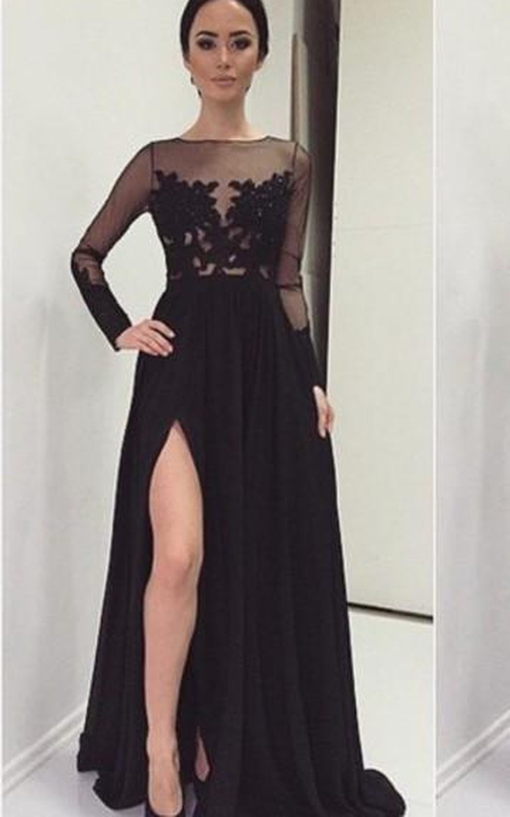 Black Front-Slit Long Sleeve Illusion Brush Train Lace Sassy Dress
