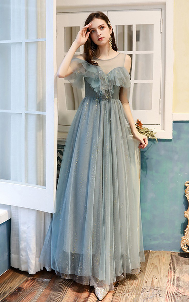 Off-the-shoulder Tulle Floor-length Prom Formal Dress With Ruffles