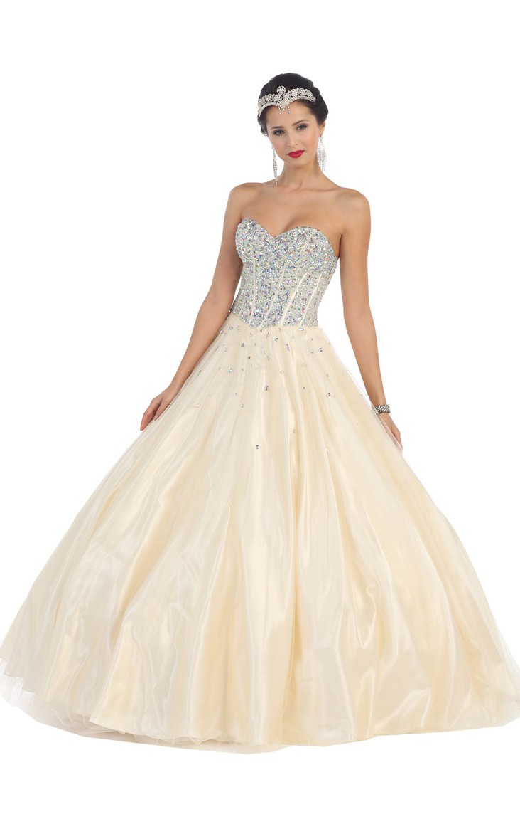 Long Jeweled Sweetheart Strapless Satin Sleeveless Backless Ball Gown