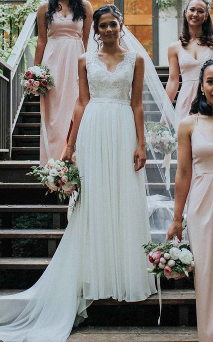 A Line Scalloped Chiffon Lace Court Train Sleeveless Open Back Wedding Dress With Bow