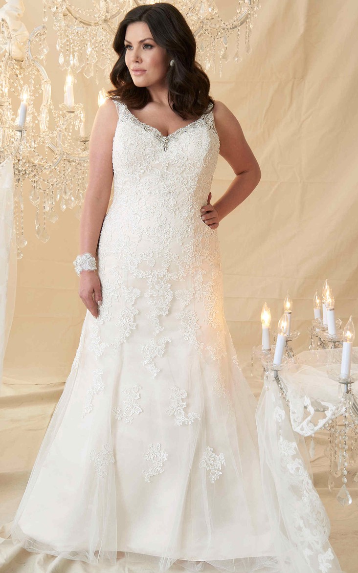 V Neck Sleeveless Beaded Plus Size Wedding Dress With Appliques And Court Train Dress Afford 2609