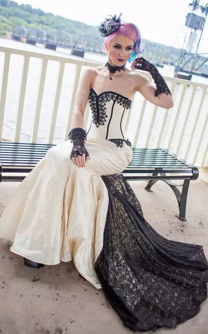 Sweetheart Mermaid Sleeveless Taffeta Lace Floor-length Sweep Train Wedding Dress with Corset Back