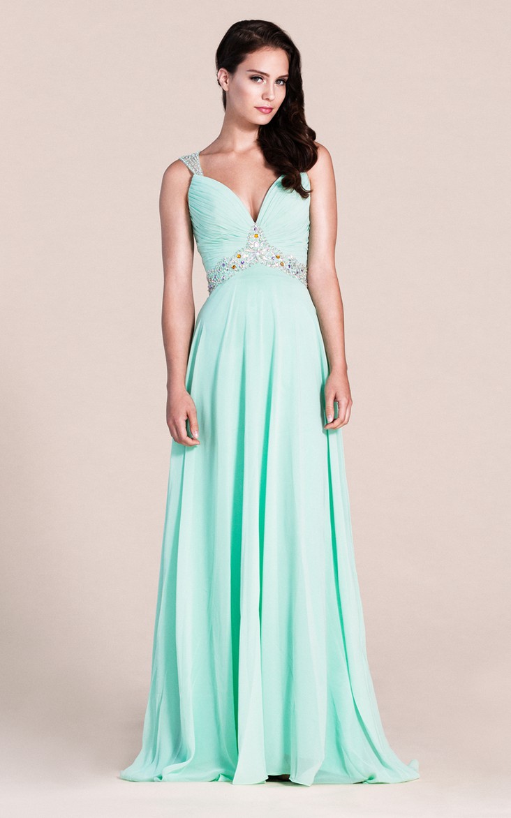 Floor-Length Colorful Rhinestone Long Plunging-Neckline Formal Gown