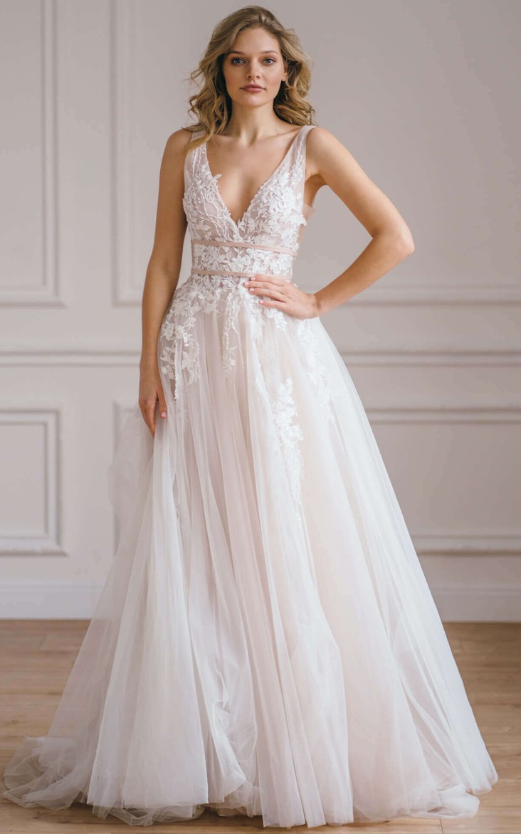 Ethereal A Line V-neck Floor-length Sleeveless Lace Wedding Dress with Appliques