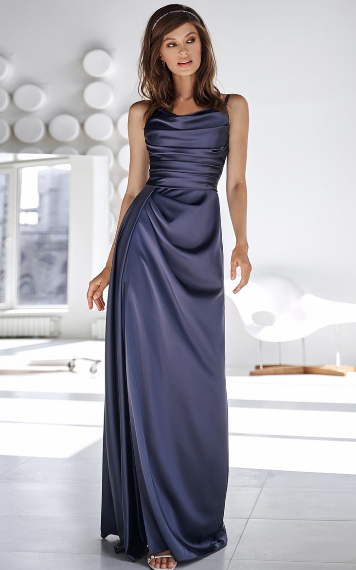 Casual Sheath Cowel Satin Floor-length Evening Dress with Ruching and Split Front