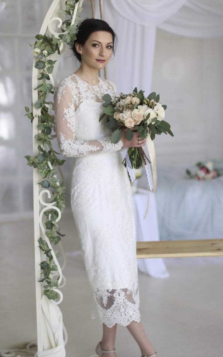 Sheath Ankle-length Wedding Dress With Illusion Lace Appliques And Split Back
