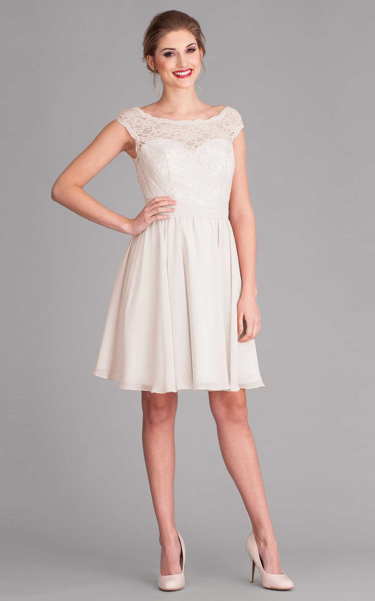 Bateau Cap-sleeve short Chiffon Wedding Dress With Lace 