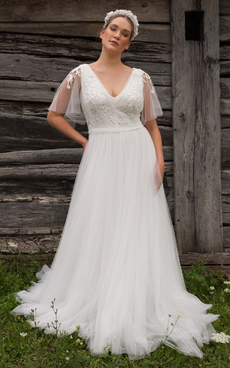 Romantic A Line Tulle Floor-length Half Sleeve Open Back Wedding Dress with Ruching