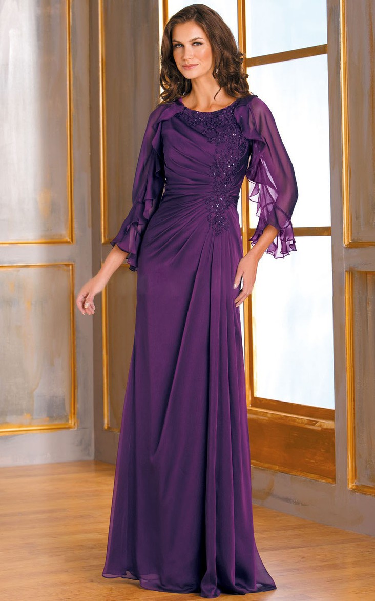 Scoop-neck Ruffed Long Sleeve Mother of the Bride Dress With Ruching And Cape
